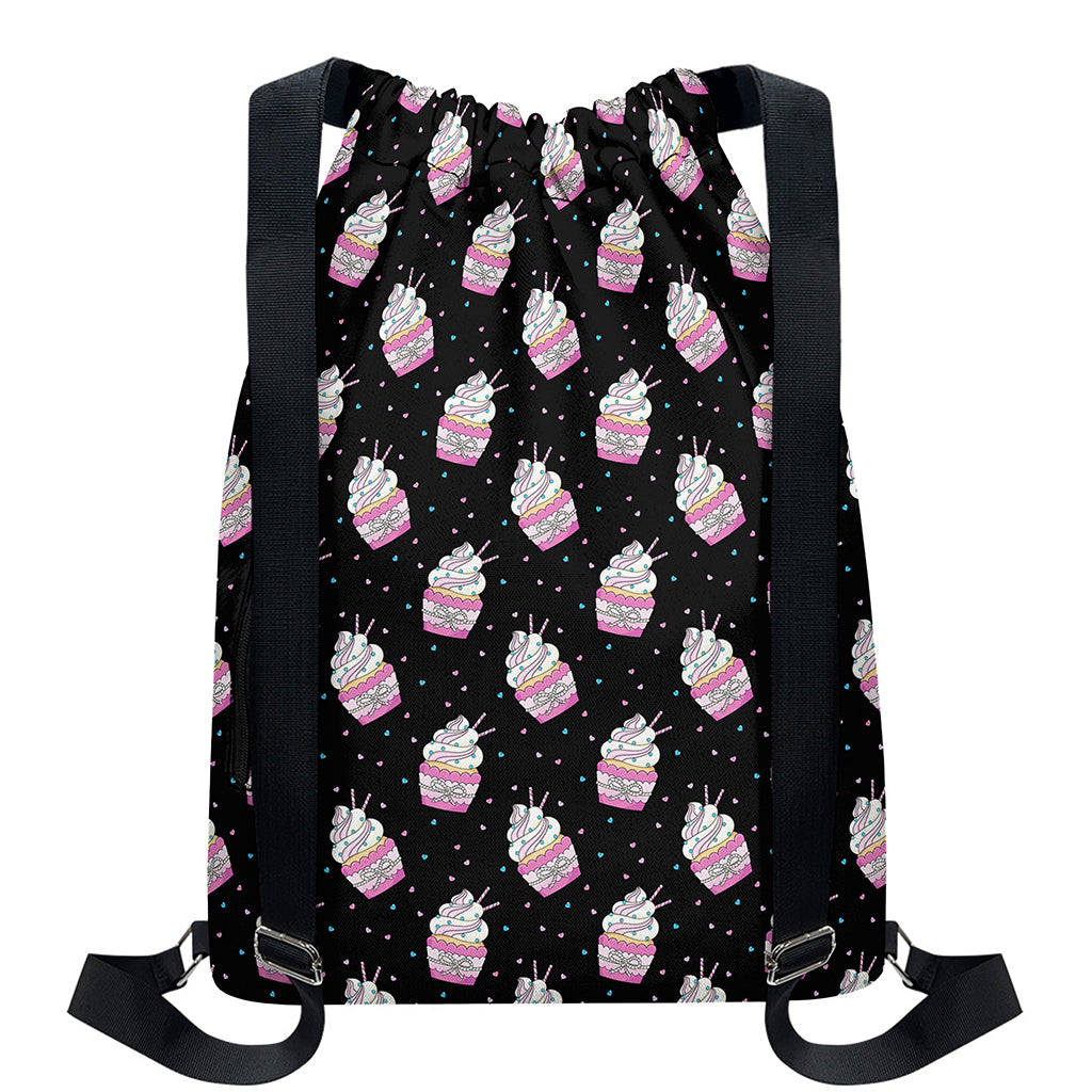 Pink Cupcake Pattern Print Drawstring Backpack