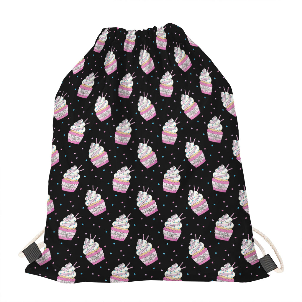 Pink Cupcake Pattern Print Drawstring Bag