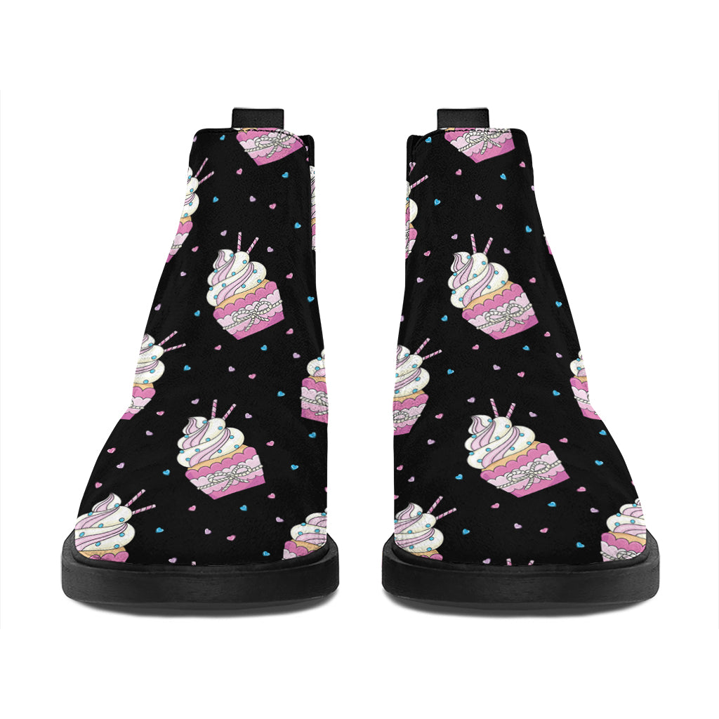 Pink Cupcake Pattern Print Flat Ankle Boots