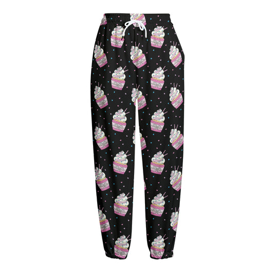 Pink Cupcake Pattern Print Fleece Lined Knit Pants