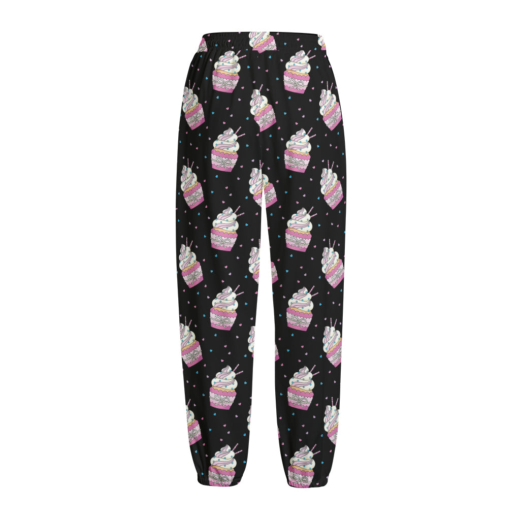 Pink Cupcake Pattern Print Fleece Lined Knit Pants