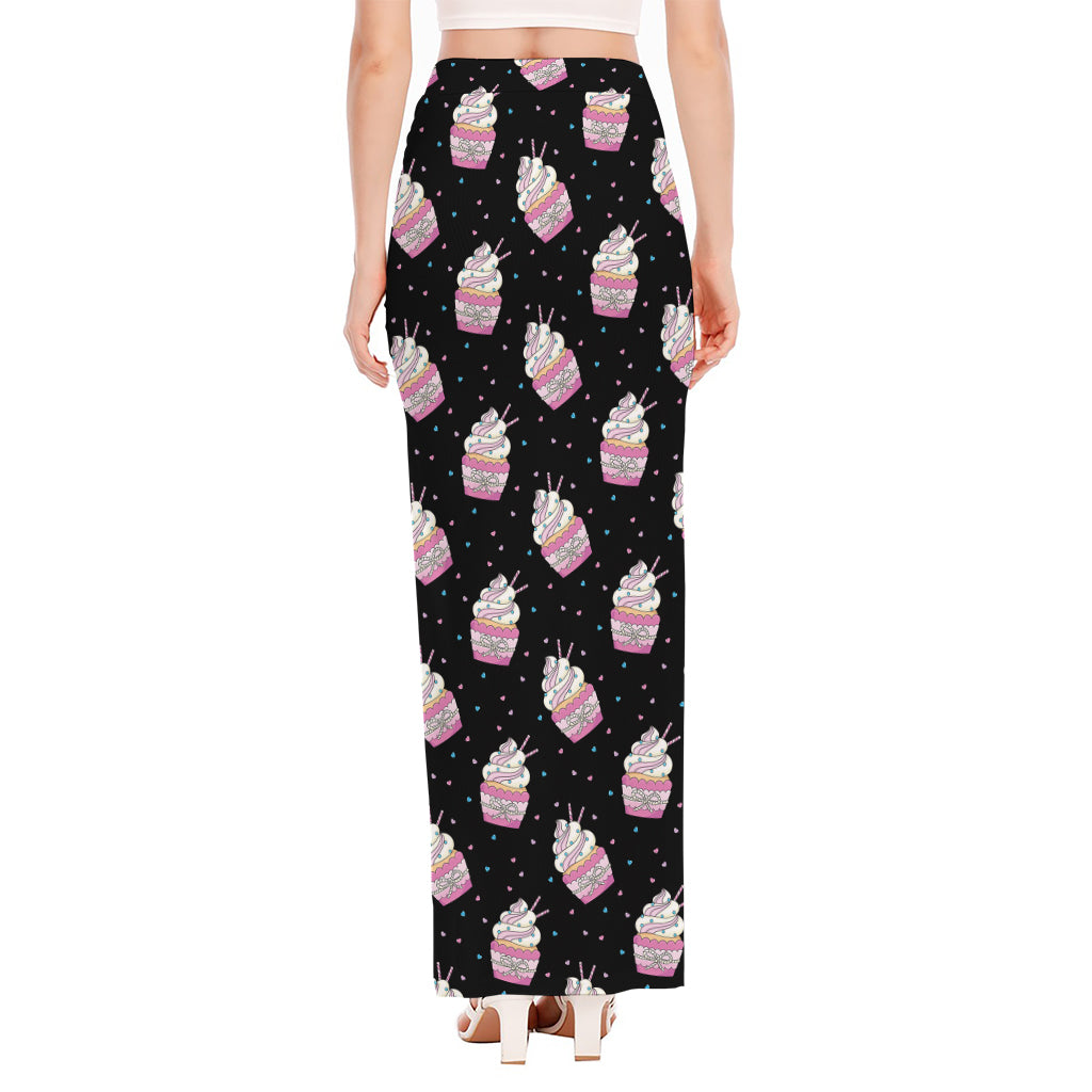 Pink Cupcake Pattern Print High Slit Maxi Skirt