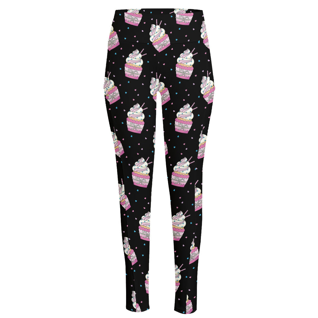 Pink Cupcake Pattern Print High-Waisted Pocket Leggings