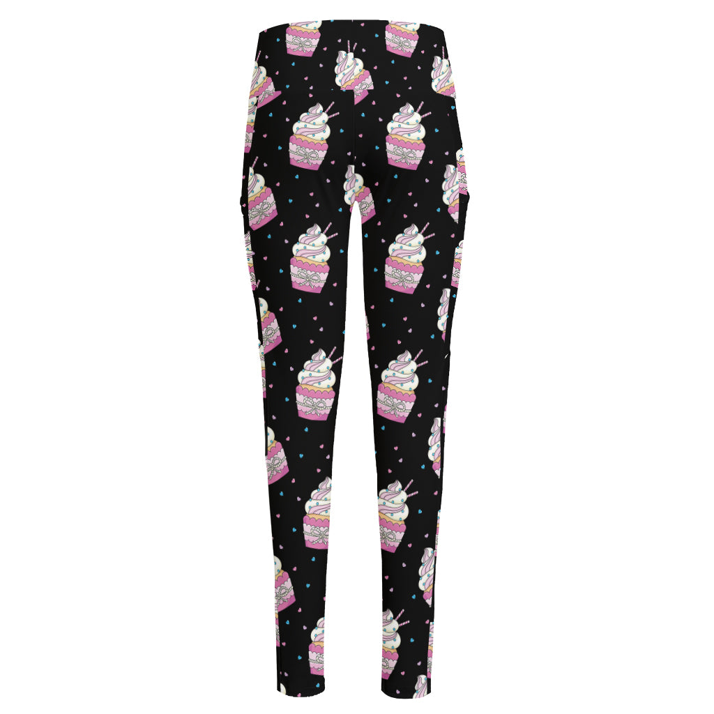 Pink Cupcake Pattern Print High-Waisted Pocket Leggings