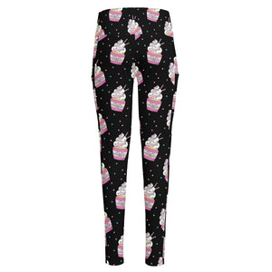 Pink Cupcake Pattern Print High-Waisted Pocket Leggings