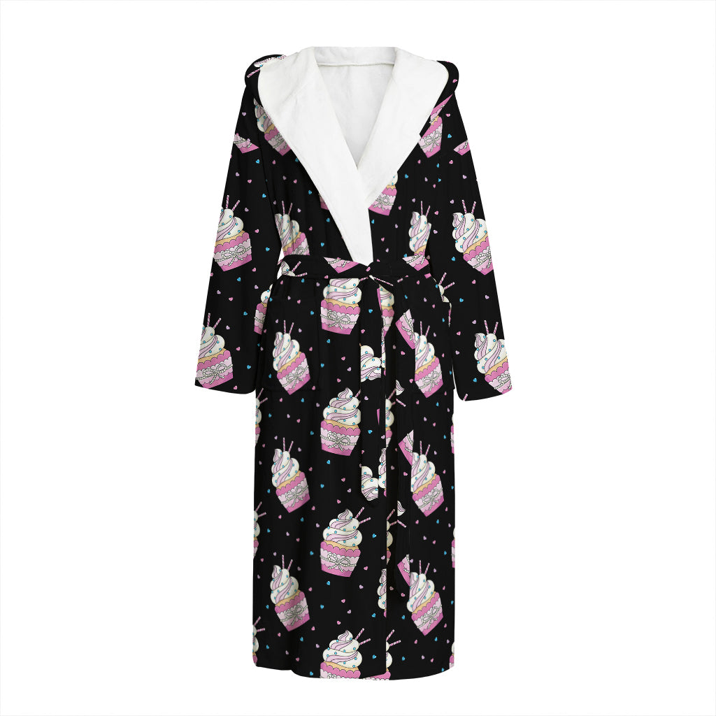 Pink Cupcake Pattern Print Hooded Bathrobe