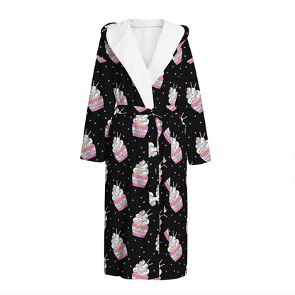 Pink Cupcake Pattern Print Hooded Bathrobe