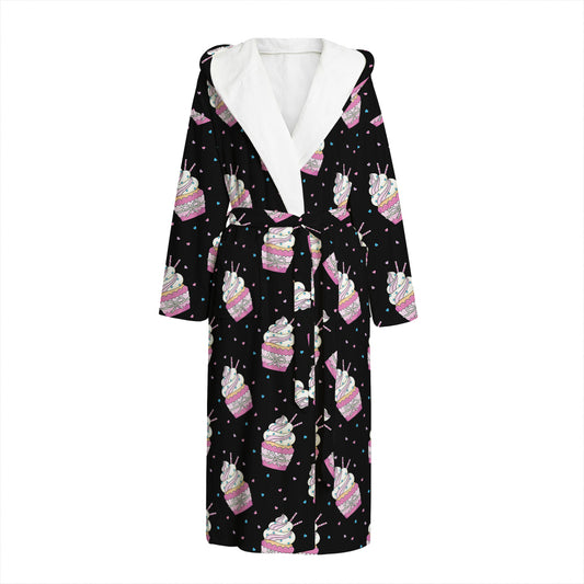 Pink Cupcake Pattern Print Hooded Bathrobe