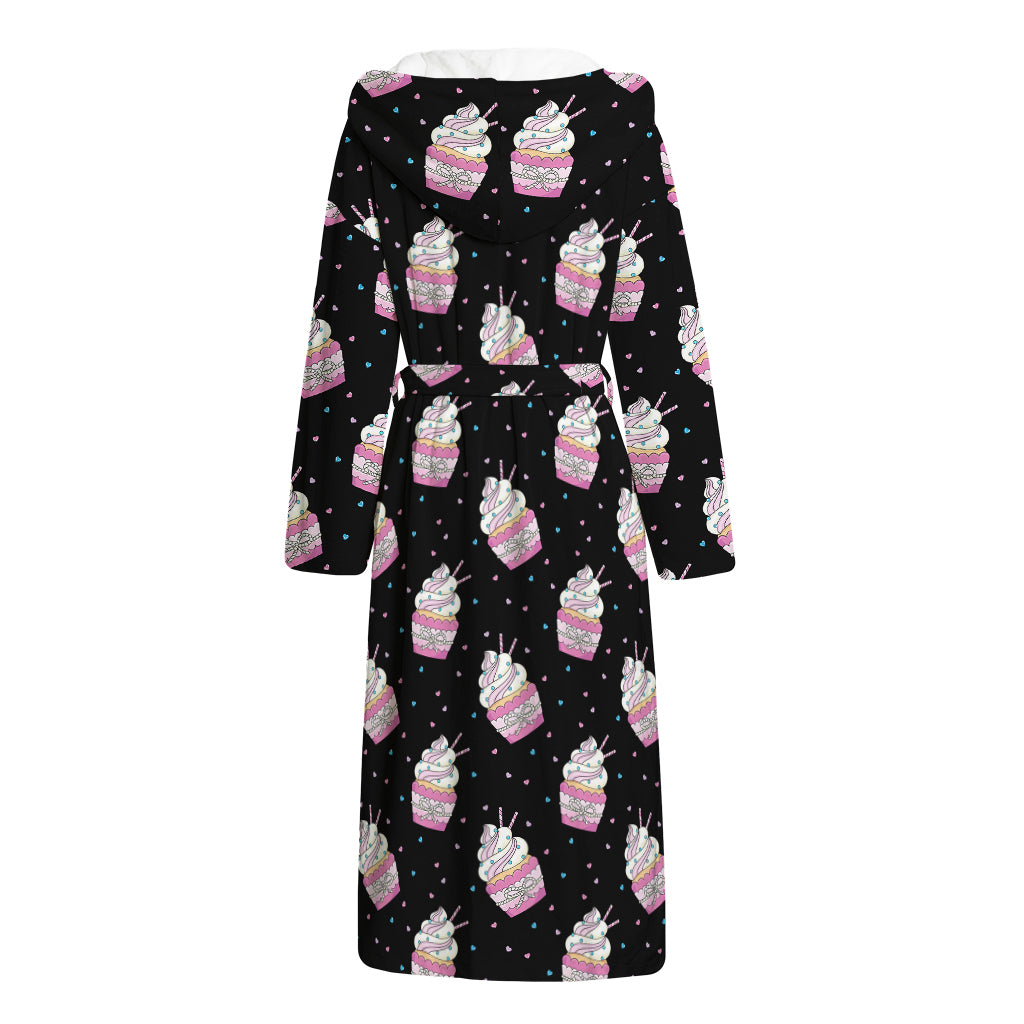 Pink Cupcake Pattern Print Hooded Bathrobe