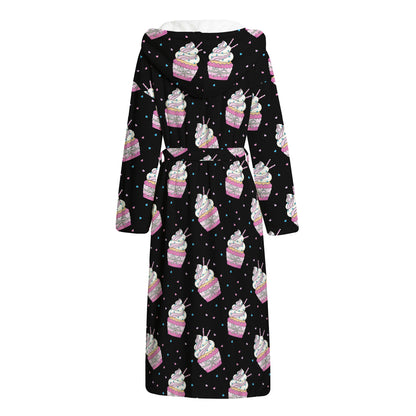 Pink Cupcake Pattern Print Hooded Bathrobe