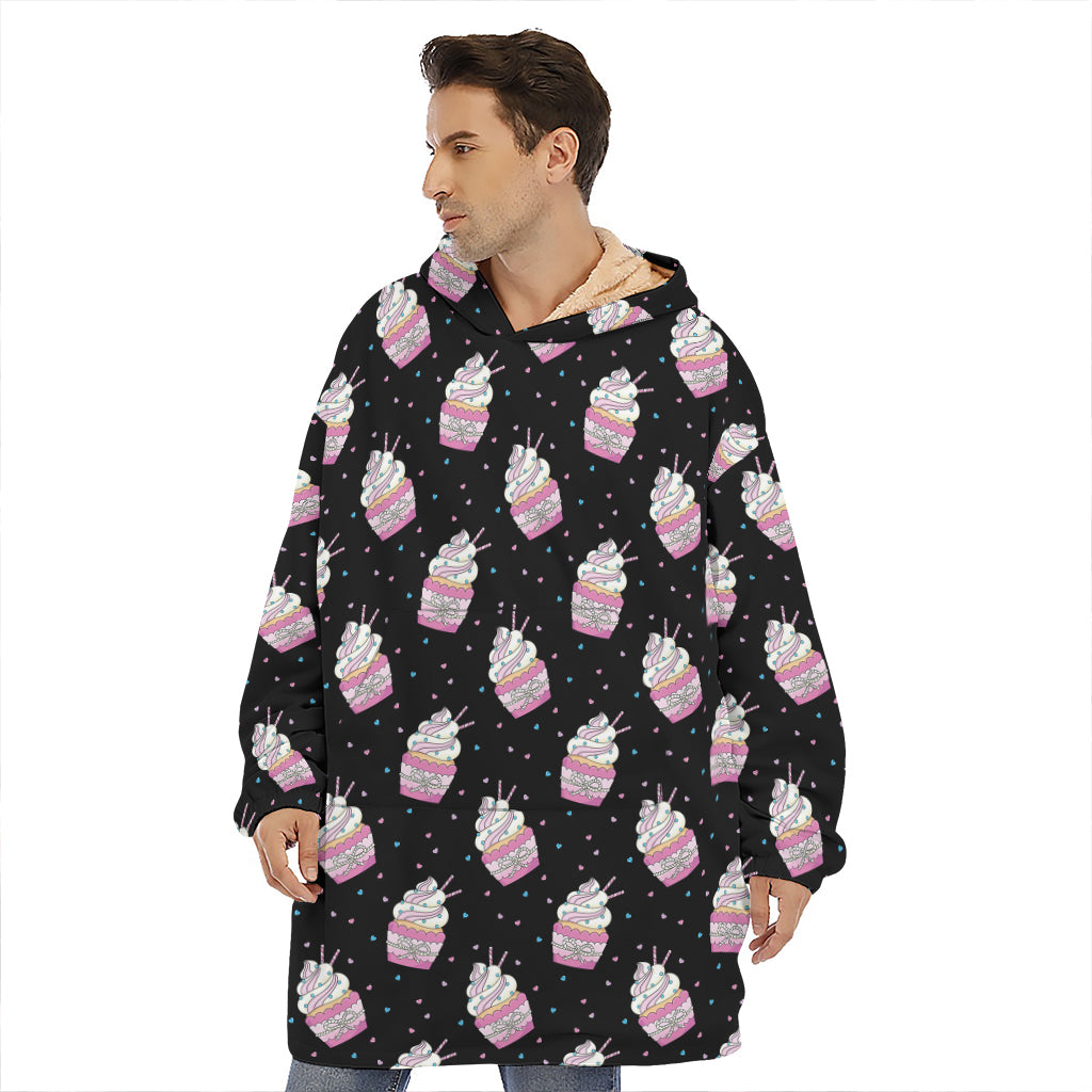 Pink Cupcake Pattern Print Hoodie Blanket