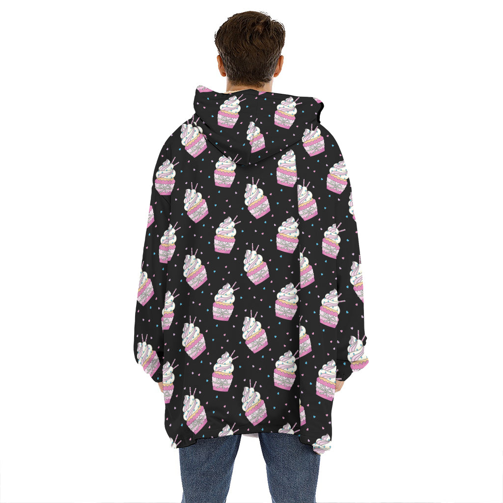 Pink Cupcake Pattern Print Hoodie Blanket