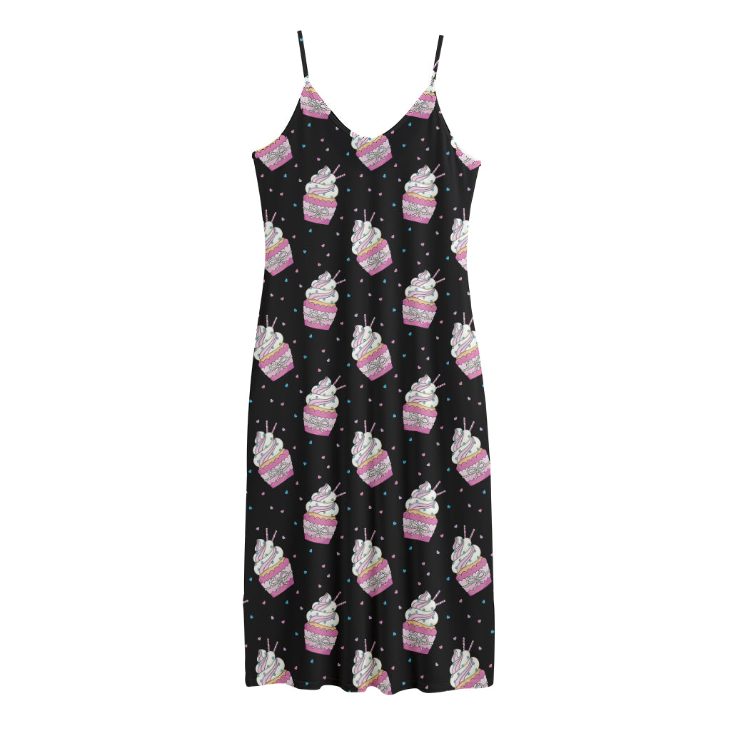 Pink Cupcake Pattern Print Jersey Midi Cami Dress
