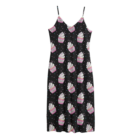 Pink Cupcake Pattern Print Jersey Midi Cami Dress