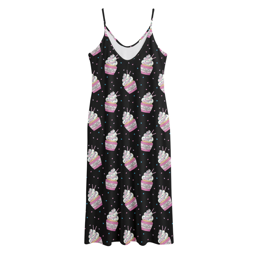 Pink Cupcake Pattern Print Jersey Midi Cami Dress