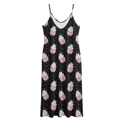 Pink Cupcake Pattern Print Jersey Midi Cami Dress