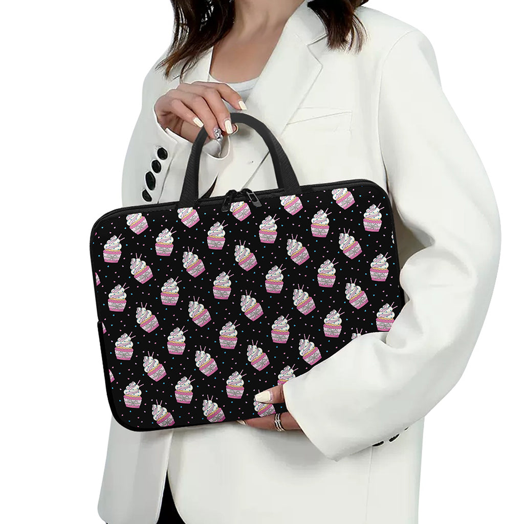 Pink Cupcake Pattern Print Laptop Sleeve With Handle