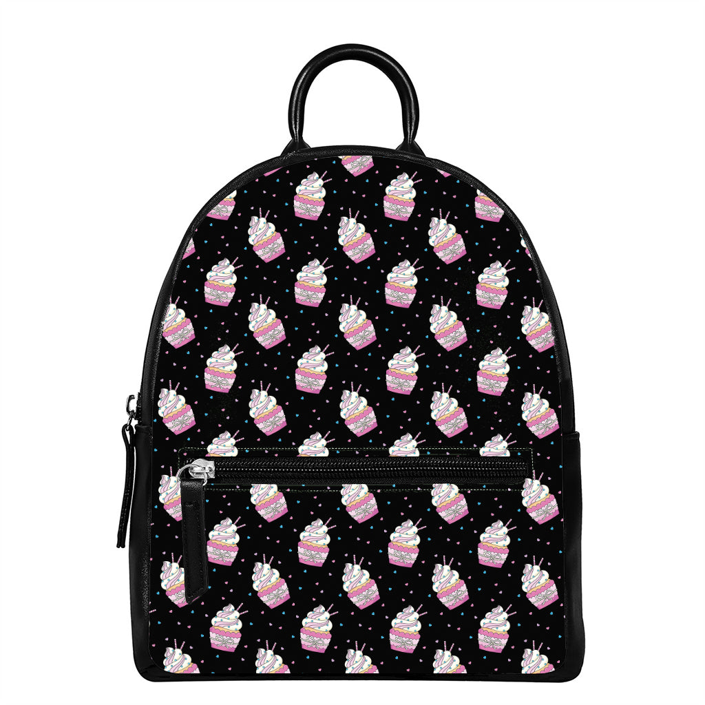 Pink Cupcake Pattern Print Leather Backpack