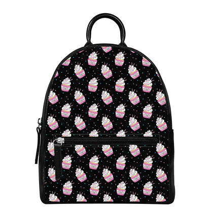 Pink Cupcake Pattern Print Leather Backpack
