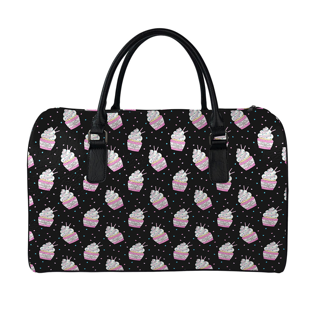Pink Cupcake Pattern Print Leather Duffle Bag