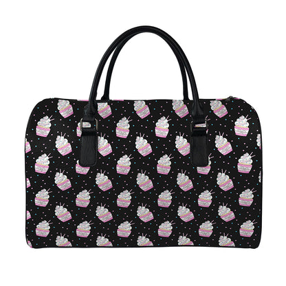 Pink Cupcake Pattern Print Leather Duffle Bag