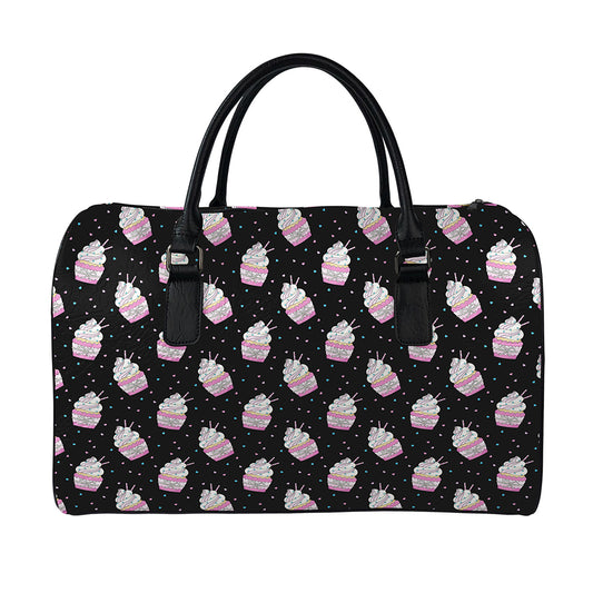 Pink Cupcake Pattern Print Leather Duffle Bag