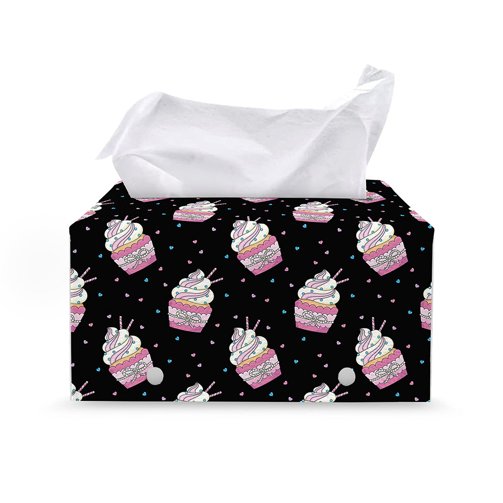Pink Cupcake Pattern Print Leather Tissue Box Cover