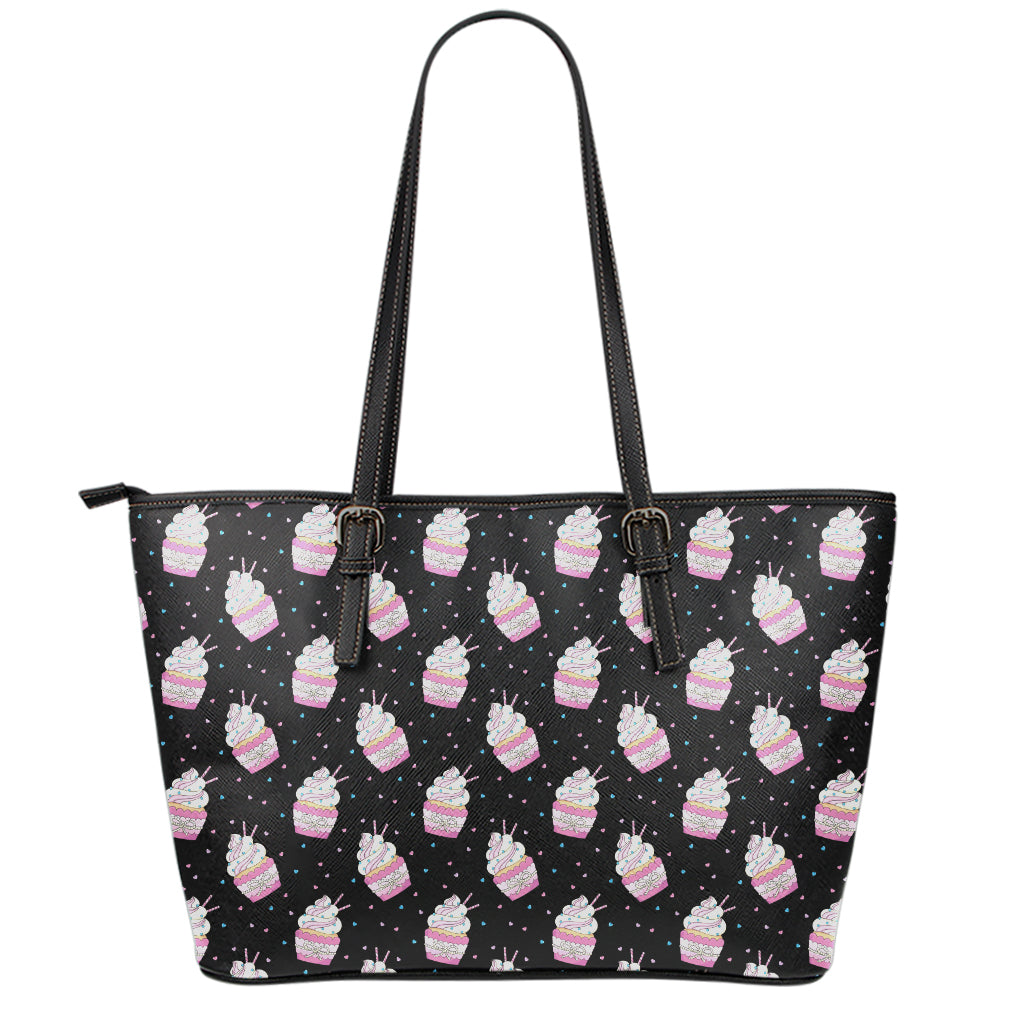 Pink Cupcake Pattern Print Leather Tote Bag