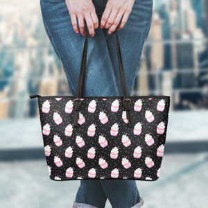 Pink Cupcake Pattern Print Leather Tote Bag