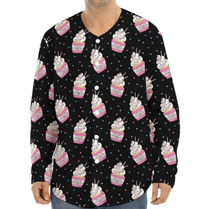 Pink Cupcake Pattern Print Long Sleeve Baseball Jersey