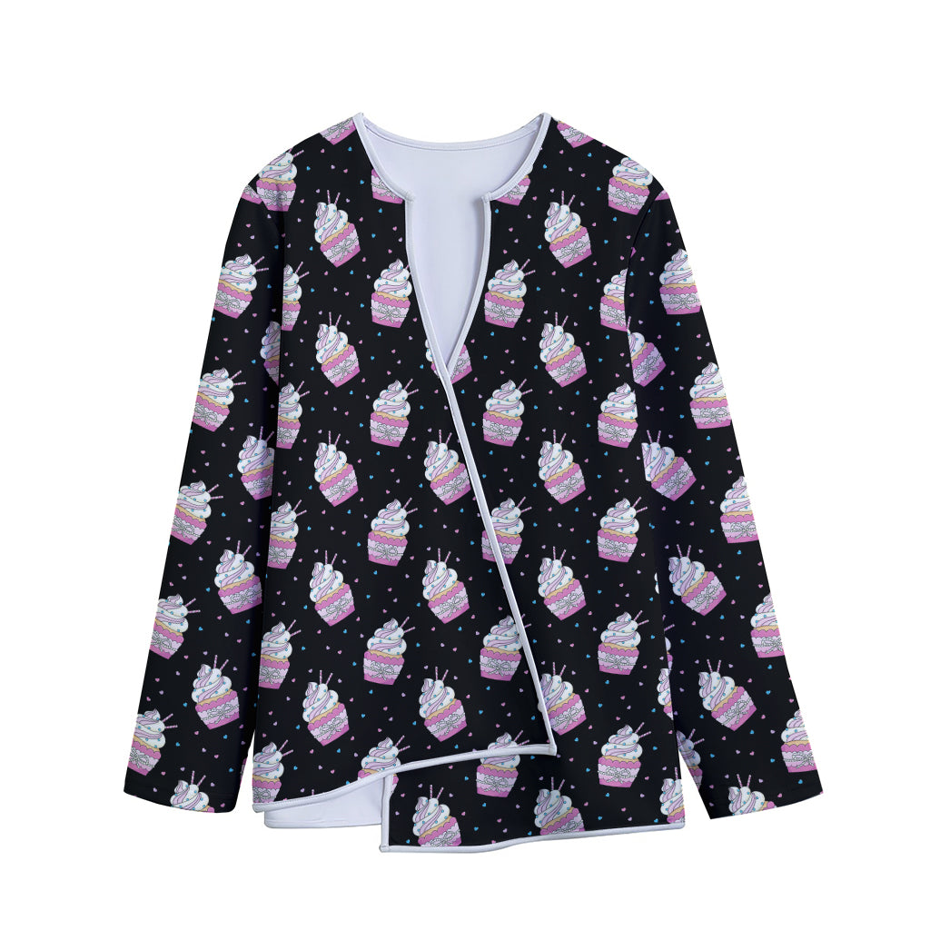 Pink Cupcake Pattern Print Long Sleeve Short Coat