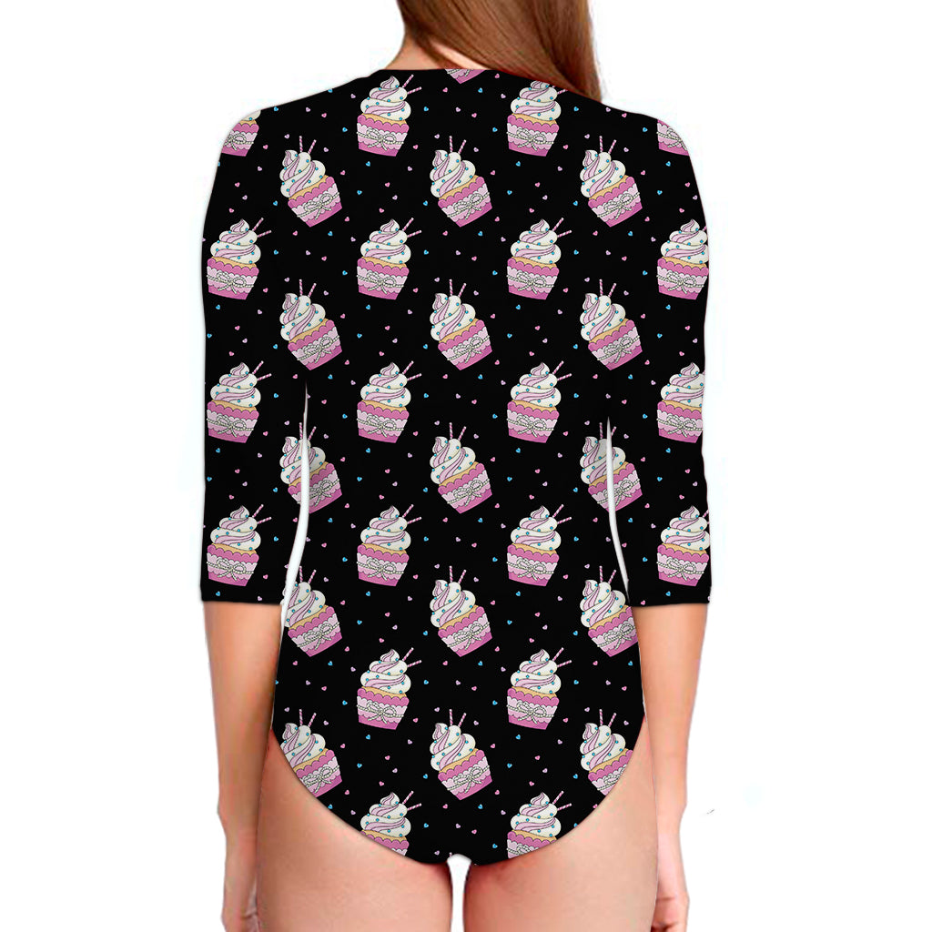 Pink Cupcake Pattern Print Long Sleeve Swimsuit