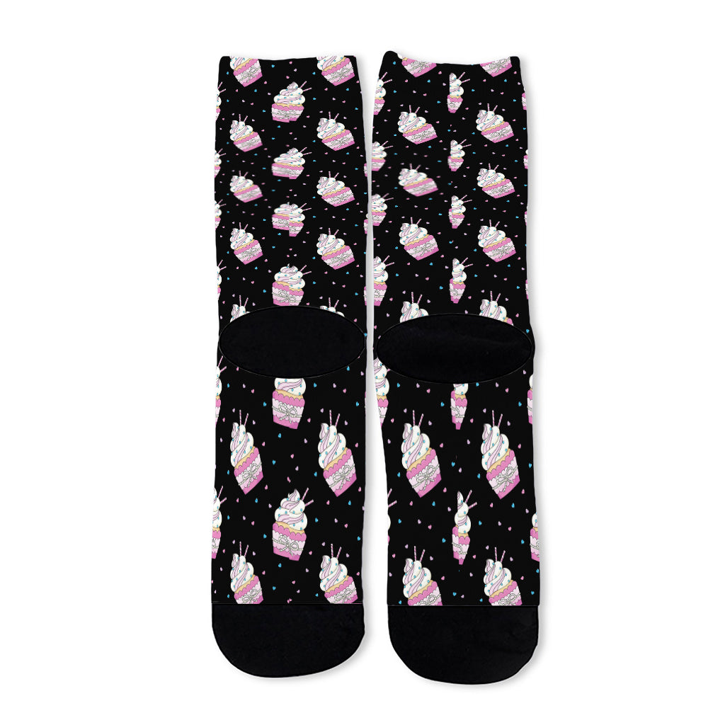 Pink Cupcake Pattern Print Long Socks