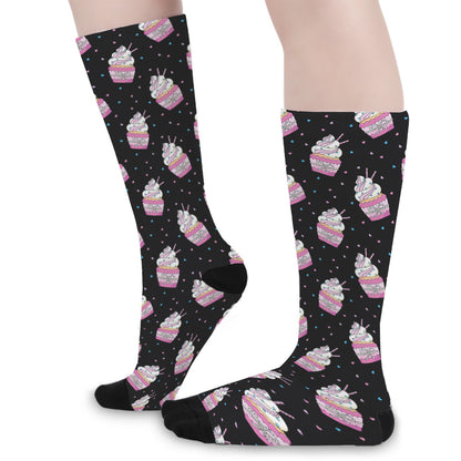 Pink Cupcake Pattern Print Long Socks