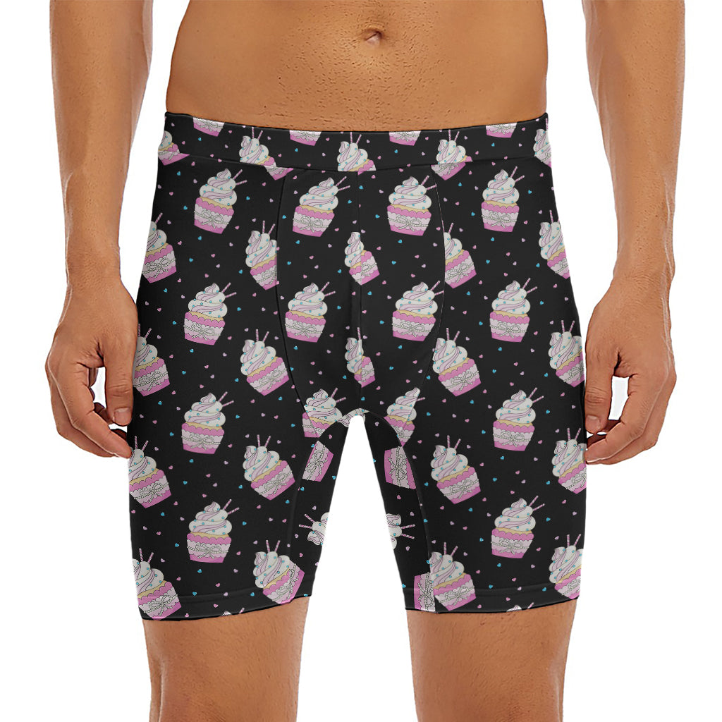 Pink Cupcake Pattern Print Men's Long Boxer Briefs
