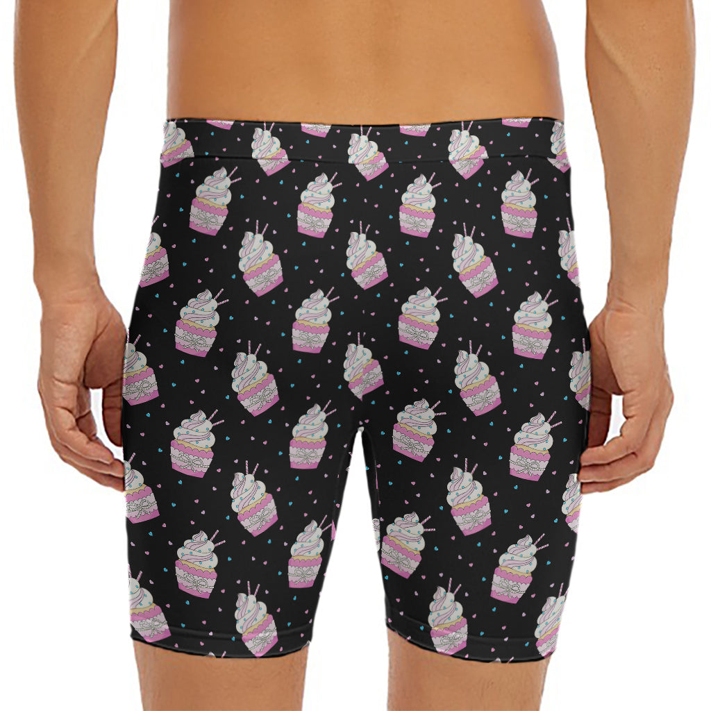 Pink Cupcake Pattern Print Men's Long Boxer Briefs