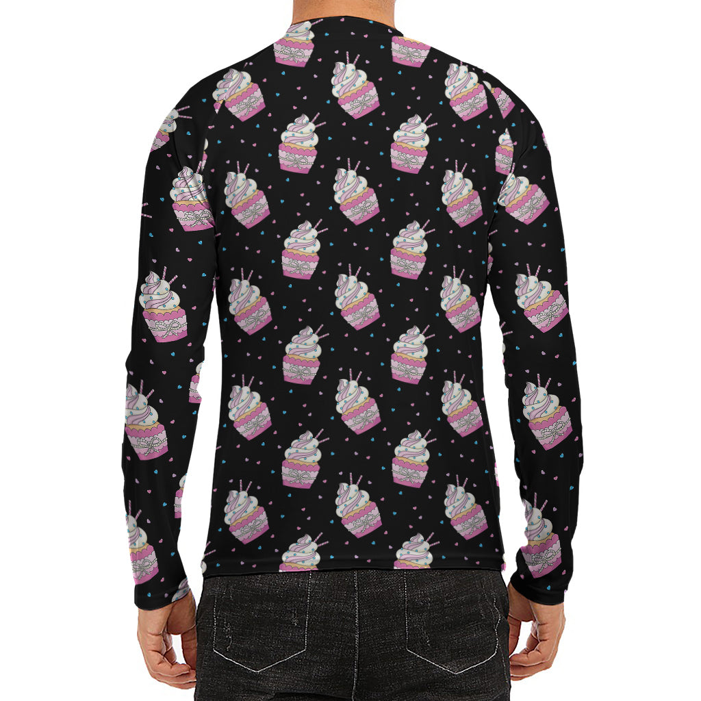 Pink Cupcake Pattern Print Men's Long Sleeve Rash Guard
