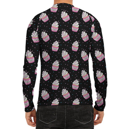 Pink Cupcake Pattern Print Men's Long Sleeve Rash Guard
