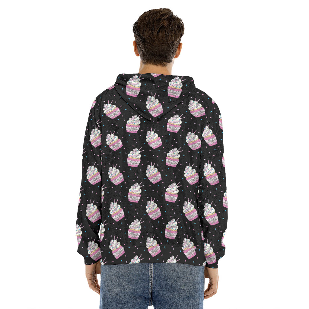 Pink Cupcake Pattern Print Men's Velvet Pullover Hoodie