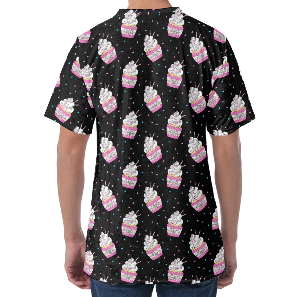 Pink Cupcake Pattern Print Men's Velvet T-Shirt