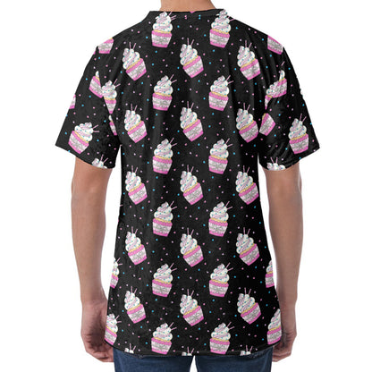 Pink Cupcake Pattern Print Men's Velvet T-Shirt