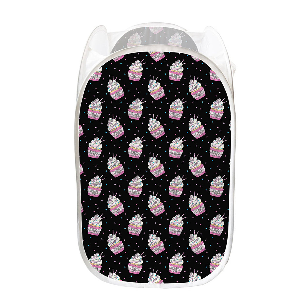 Pink Cupcake Pattern Print Mesh Laundry Hamper