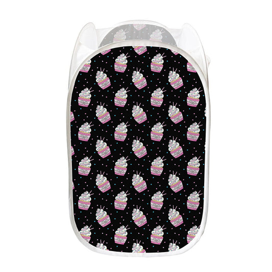 Pink Cupcake Pattern Print Mesh Laundry Hamper