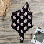 Pink Cupcake Pattern Print One Shoulder Bodysuit