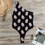 Pink Cupcake Pattern Print One Shoulder Bodysuit