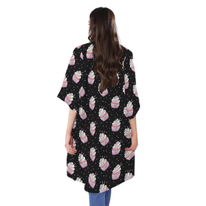 Pink Cupcake Pattern Print Open Front Beach Cover Up