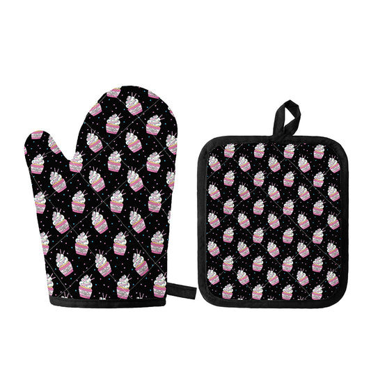 Pink Cupcake Pattern Print Oven Mitt And Pot Holder Set
