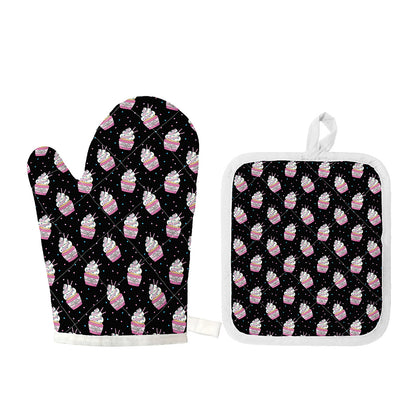 Pink Cupcake Pattern Print Oven Mitt And Pot Holder Set