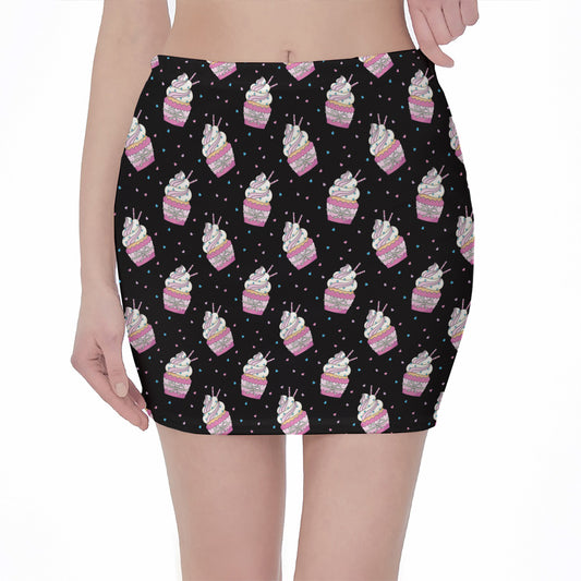 Pink Cupcake Pattern Print Pencil Mini Skirt