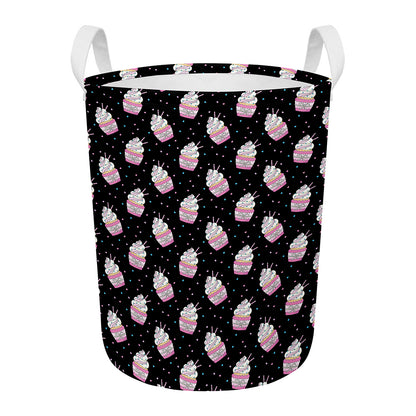 Pink Cupcake Pattern Print Round Laundry Basket